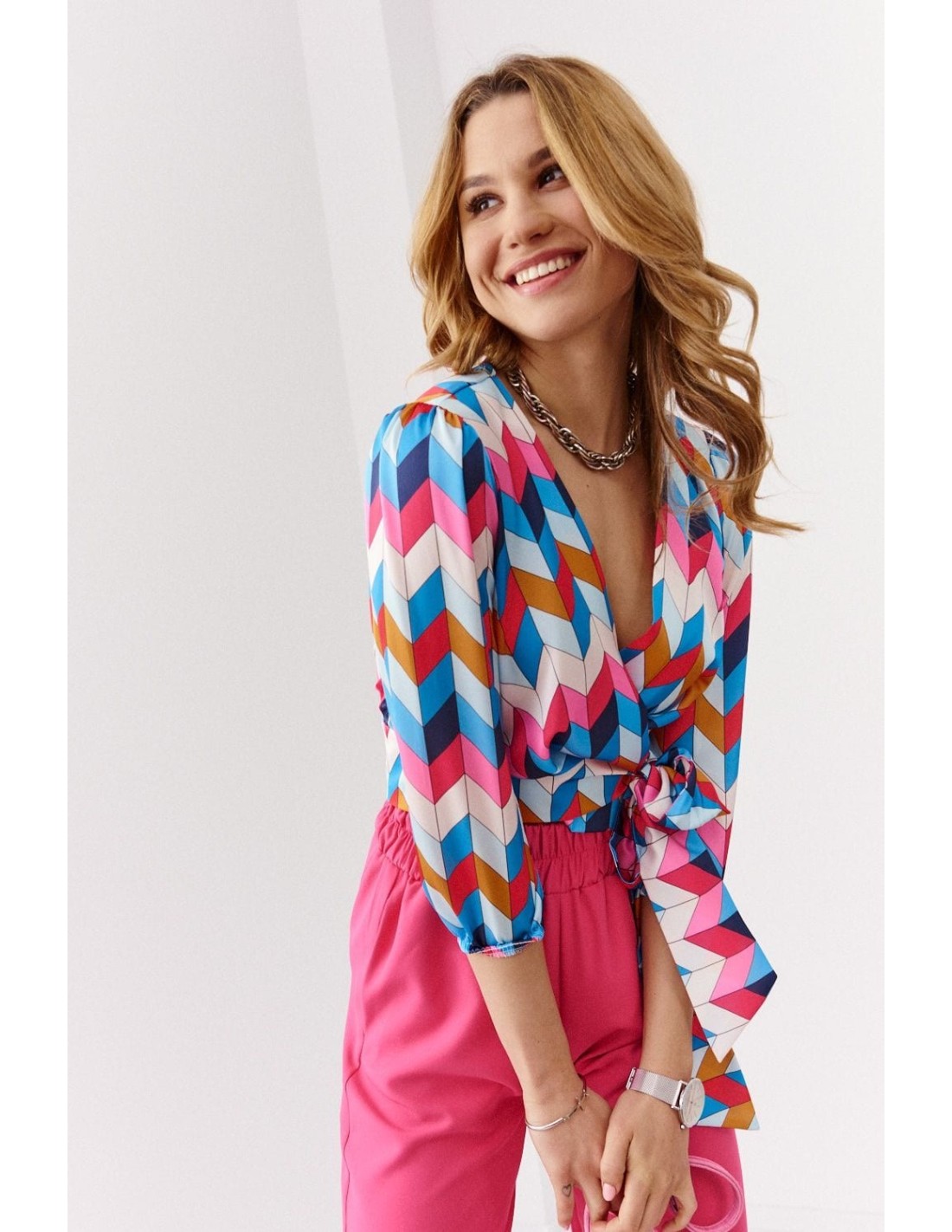 Envelope blouse with ties on the side, blue and pink 020200 - Online store - Boutique